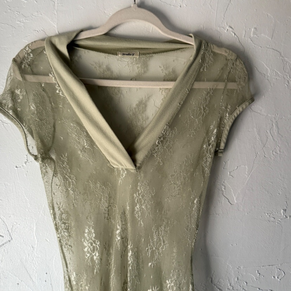 Studio Y Y2k Sage‎ Green Lace Top Sheer V Neck Short Sleeve Tunic Blouse Fairy - Picture 2 of 7
